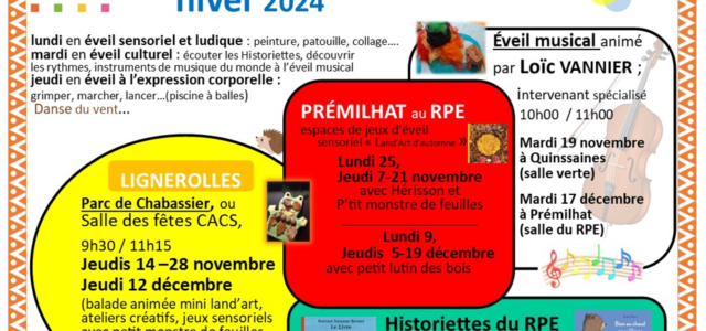 Voici le programme des animations du Relais Petite Enfance de Prémilhat pour cette fin d’année 2024